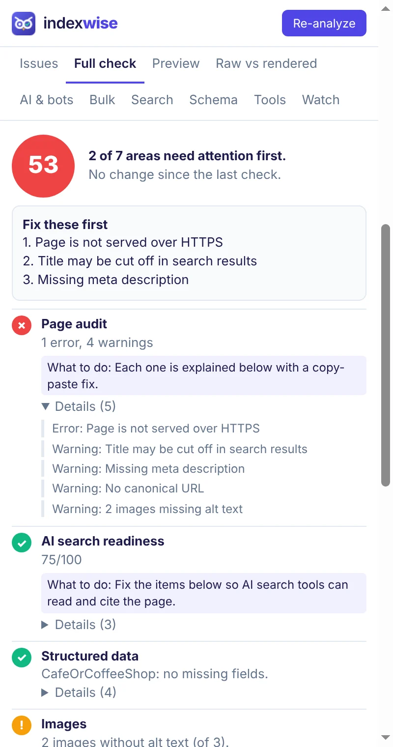 Full check tab with a score, the top three things to fix first, and a summary for each area