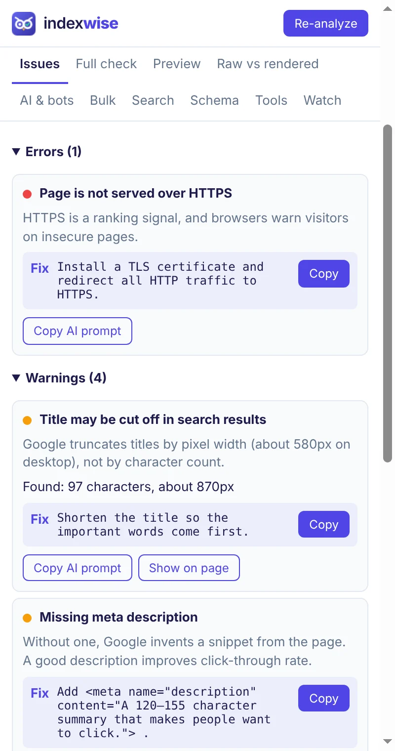 Issues tab listing an HTTPS error and title and meta description warnings, each with a fix and a Copy button